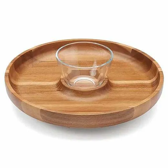 Hot Food Network Acacia Wood Lazy Susan Chip & Dip Tray Set Dinnerware & Serveware